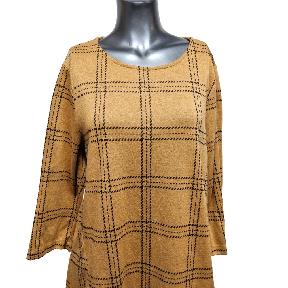 Massini Essentials Tunic Dress Womens XL Mustard Yellow Plaid 3/4‎ Sleeve